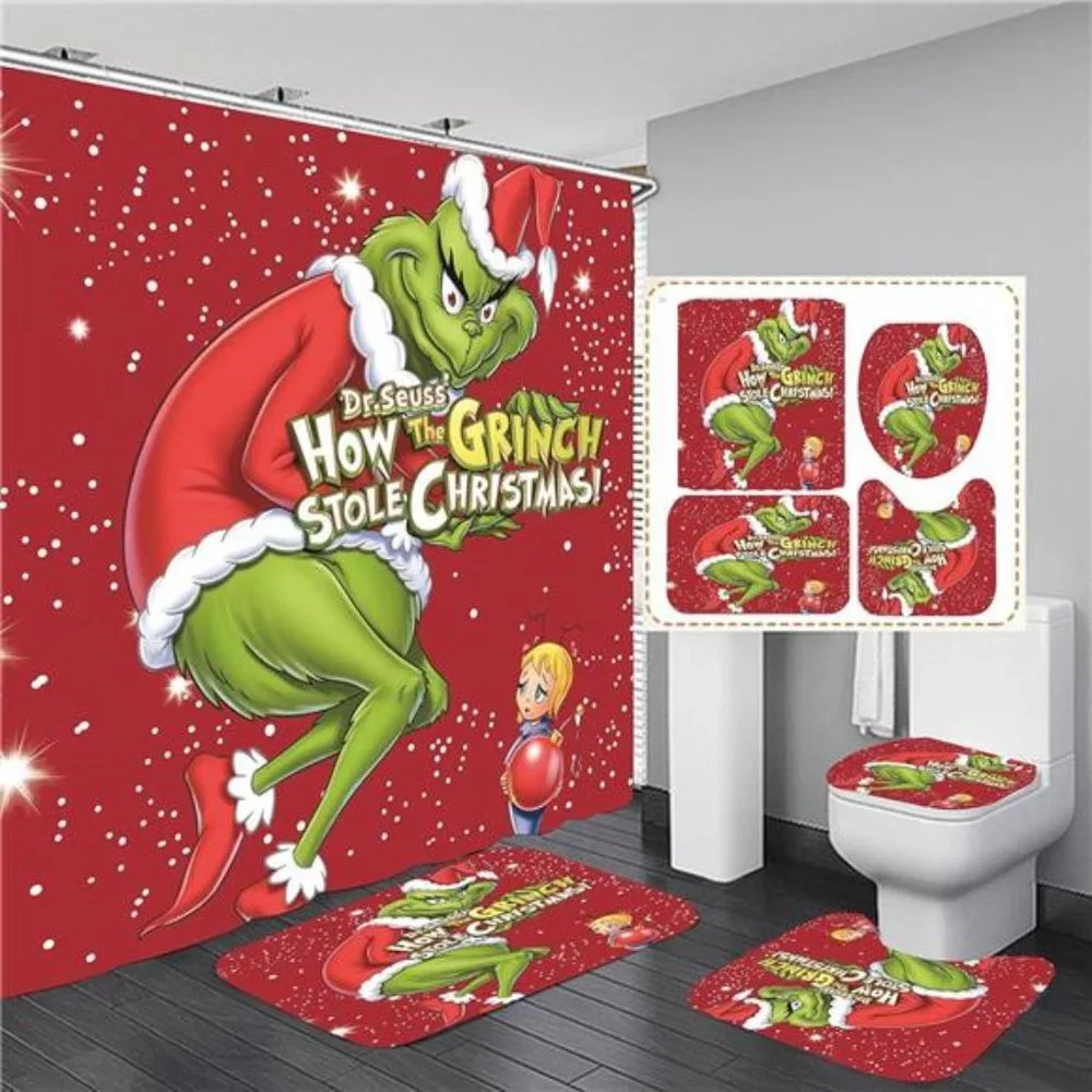 4 Pcs Christmas Shower Curtain Rug Bath Mat Toilet Lid Cover for Bathroom